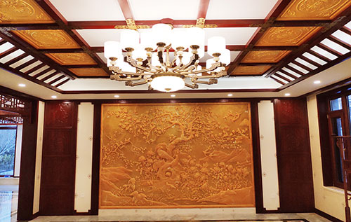 故城中式别墅客厅中式木作横梁吊顶装饰展示